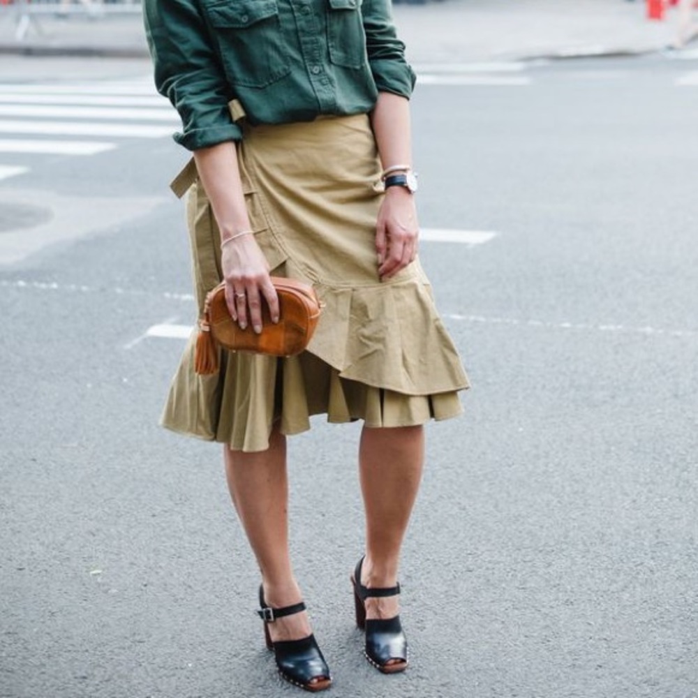 Khaki Wrap Skirt with Ruffle Hem